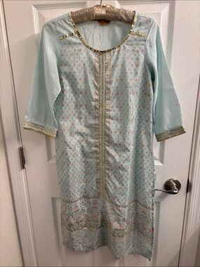Light Blue Embroidered AURELIA Tunic Top Gold Trim and Sequins - Size S